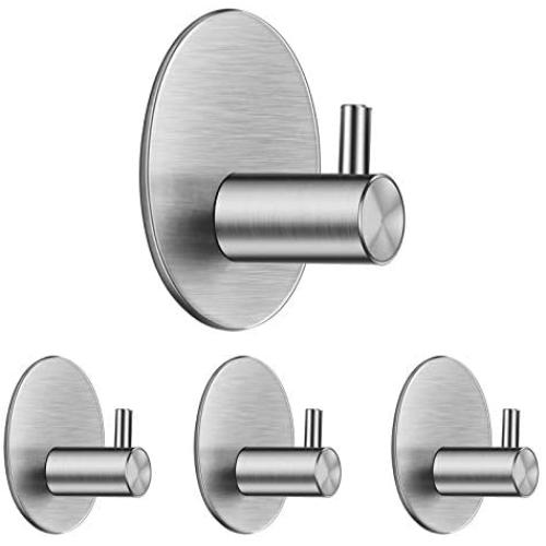 Adhesive Hooks Towel Hooks Wall Hooks Heavy Duty Stainless Steel Hooks Door Hooks Bathroom Hooks for Hanging Coat, Hat,Bath Towel-Bathroom and Bedroom or Kitchen 4-Packs