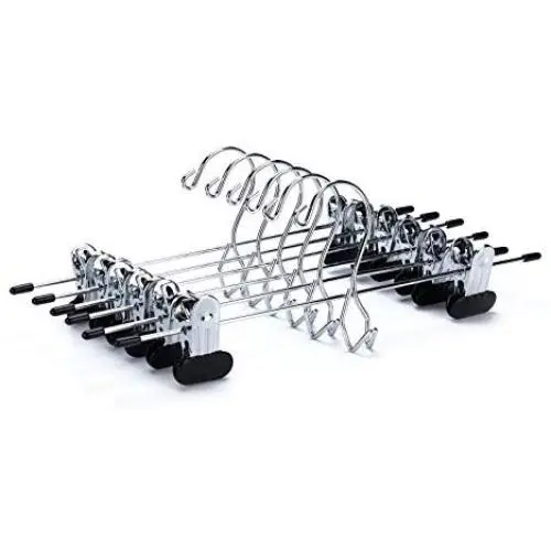 12 Quality Pants Hangers Heavy Duty Add-on Skirt/Slack Metal Hanger, Extra Wide Adjustable Clips, Multi Stackable Add on Hangers, Chrome, Jeans, Bottoms (12)