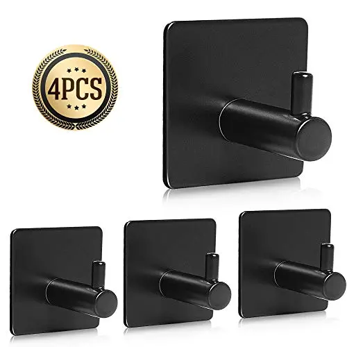YAKAON Adhesive Hooks, [4 Pack] Heavy Duty Durable 304 Stainless Steel Wall Hangers, Waterproof Rustproof Oil Proof for Kitchen, Bathrooms, Doors, Office, Closet-Black