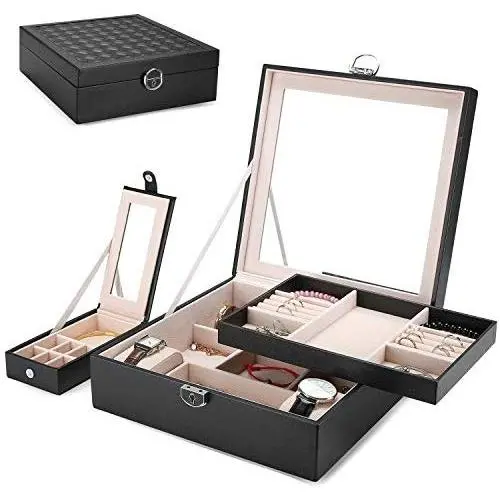 ProCase Jewelry Boxes Organizer for Women Girls, Two Layers Large Jewelry Display Storage Holder Case with Mirror Lock for Necklace Earrings Bracelets Rings Watches -Black ProCase Jewelry Boxes Organizer for Women Girls, Two Layers Large Jewelry Display Storage Holder Case with Mirror Lock for Necklace Earrings Bracelets Rings Watches -Black