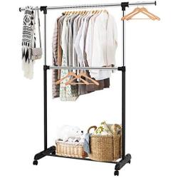 Tangkula Rolling Garment Rack, Clothes Racks Organizer, Adjustable Double Rod Garment Rack Clothes Hanger Stand Organizer