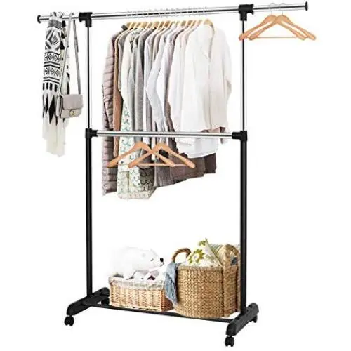 Tangkula Rolling Garment Rack, Clothes Racks Organizer, Adjustable Double Rod Garment Rack Clothes Hanger Stand Organizer