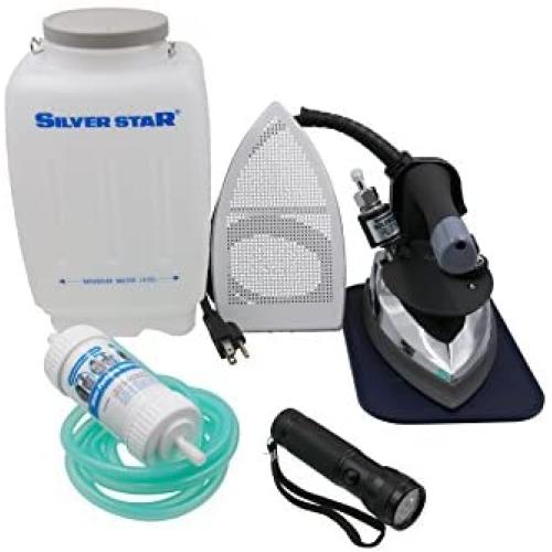 Silver Star Bottle Steam Iron ES-300 Gravity Feed Steam Iron with Non-Stick Laminate Sole Plate, Demineralizer (110 Volt). (Includes LED Flashlight!)