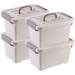 Livable Khaki Plastic Storage Boxes with Brown Handle, 6 Quart Storage Bin with Latch/Lid, 4 Pack