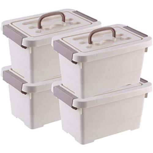 Livable Khaki Plastic Storage Boxes with Brown Handle, 6 Quart Storage Bin with Latch/Lid, 4 Pack