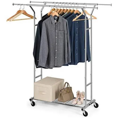 Bextsware Clothes Garment Rack On Wheels, Expandable Double Rails Heavy Duty Commercial Grade Hanging Clothes Organizer Stand Clothing Rack with Mesh Bottom Shelves for Boxes Shoes Storage, Chrome