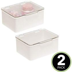 mDesign Stackable Bathroom Vanity Countertop Storage Cosmetic Organizer Boxes with Hinged Lid for Makeup, Beauty, Hair, Nail Supplies - 2 Pack - Cream/Clear