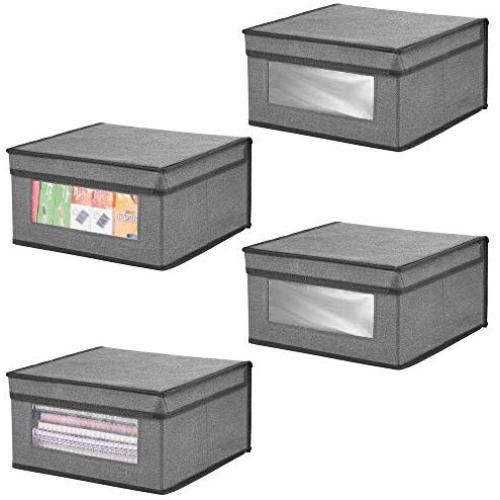 mDesign Soft Stackable Fabric Closet Storage Organizer Holder Bin with Clear Window, Attached Lid - for Home Office, Den, Hallway, Entryway - Textured Print - Medium, 4 Pack - Gray/Black