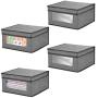 mDesign Soft Stackable Fabric Closet Storage Organizer Holder Bin with Clear Window, Attached Lid - for Home Office, Den, Hallway, Entryway - Textured Print - Medium, 4 Pack - Gray/Black