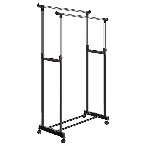 nawert Portable Adjustable Double Clothes Garment Drying Hanging Racks Hangers with Castors and Shoe Rack Garment Racks (Silver)