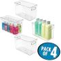 mDesign Slim Plastic Storage Container Bin Boxes with Carrying Handles - Bathroom Cabinet Organizer for Toiletries, Makeup, Shampoo, Conditioner, Face Scrubbers, Loofahs, Bath Salts, 4 Pack - Clear