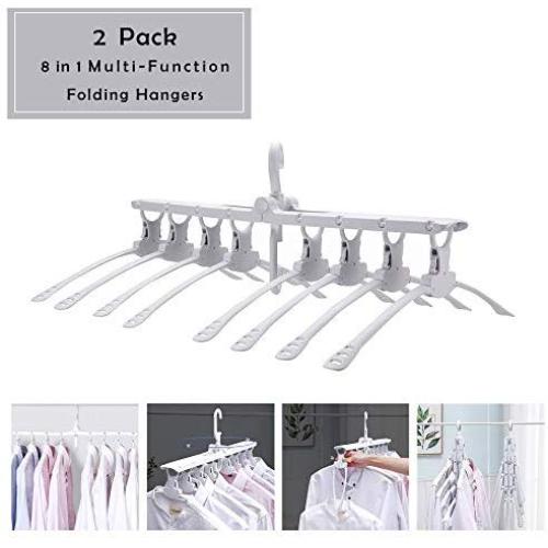 Areskey 2 Pack 8 in 1 Foldable Travel Home Camping Hangers,Space Saving Clothes Hangers,Multi-Function Folding Magic Clothes Hangers (White)