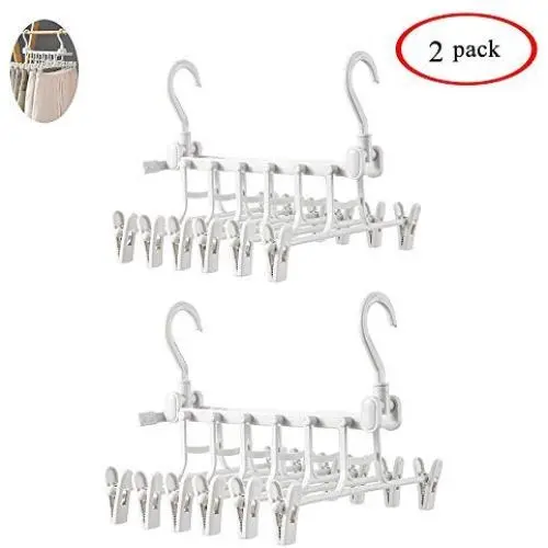 Ice-Beauty-ukzy Foldable Clothes Hangers Plastic 6 in 1,Multi-Function Magic Drying Pants Holder Skirt Clip Adjustable Dual Hooks Creative Space Saving Drying Rack Wardrobe Organizer White2packs