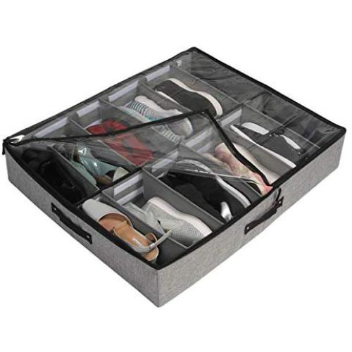 wsryx Under Bed Shoe Storage Organizer with Adjustable Dividers, Sturdy Large Shoe Boxes Container Underbed with Zippered Closure Clear Window