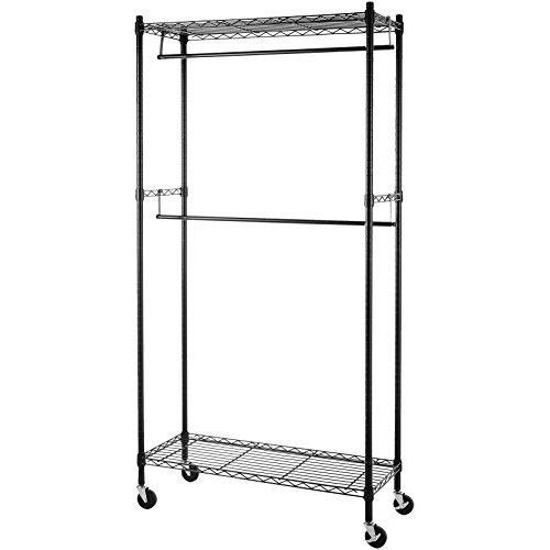 AmazonBasics Double Hanging Rod Garment Rolling Closet Organizer Rack, Black