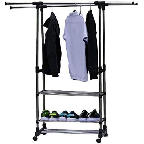 3 Tier Portable Double Rolling Rail Adjustable Clothes Garment Rack Hanger Shelf Shelving Holder W/Shoes Storage Stainless Steel Black Heavy Duty Home