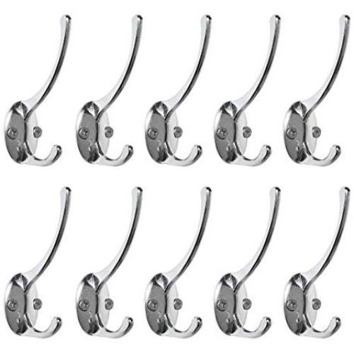 BAOEF 10 Set Metal Double Prong Coat Hat Hook Bath Towel Closet Clothes Hanger Rail Garment Rack Holder, Wall Mount Entryway Kitchen Home Office Storage, Zinc Alloy,Silver