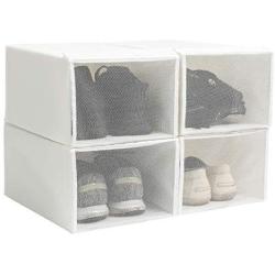 YueYue Foldable Fabric Shoe Storage Box,4 Pack Stackable Shoe Boxes Holder with Mesh Cloth Fabric Window White (13.3/8.85/5.9 Inch)