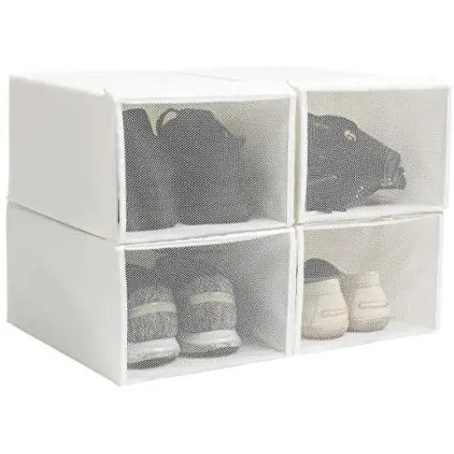 YueYue Foldable Fabric Shoe Storage Box,4 Pack Stackable Shoe Boxes Holder with Mesh Cloth Fabric Window White (13.3/8.85/5.9 Inch) YueYue Foldable Fabric Shoe Storage Box,4 Pack Stackable Shoe Boxes Holder with Mesh Cloth Fabric Window White (13.3/8.85/5.9 Inch)