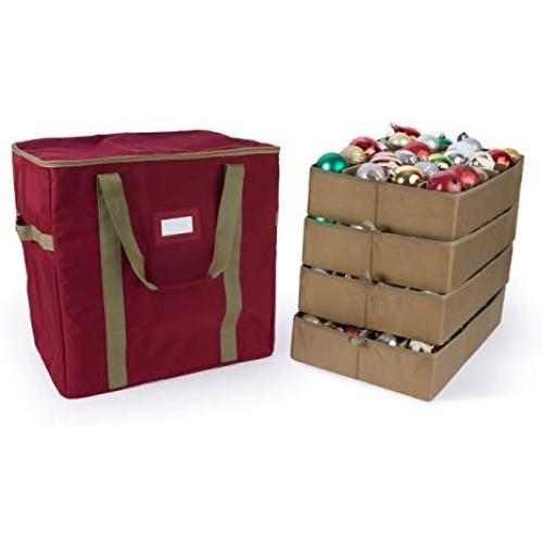 Covermates Keepsakes - 96PC Adjustable Ornament Storage Bag - Holds 4 Inch Ornaments - Heavy Duty Material - FlexGrid Adjustable Compartments - ID Window - 25 Inch Holiday Storage Bag - Red