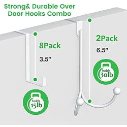 Over The Door Hooks Hangers [10 Pack] with 2 Double Hanger Hooks and 8 Signle Hooks Fit for Two Sized Doors. Stainless Steel Over Door Hook Organizer for Clothing Coat Towel Robe Hat Hanging - White