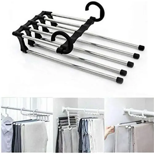 5PC Random Color 5 in 1 Pant Rack Shelves Stainless Steel Clothes Hangers Multi-Functional Wardrobe Magic Hanger