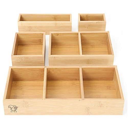 RISU Bamboo Drawer Organizer: Storage Boxes for Tidying Up Junk - Multi-Sized Set of 5, Sturdy and Sustainable, Perfect Trays for Office Supplies, Make-Up Cosmetics and Kitchen Utensils