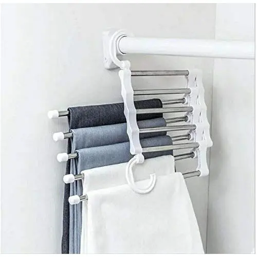 5pcs Random Color 5 in 1 Pant Rack Stainless Steel Clothes Hangers Multi-Functional Wardrobe Magic Hanger