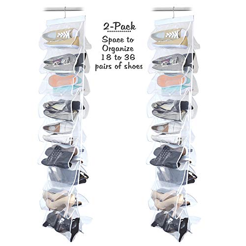 Heavy Duty Clear PEVA Plastic Hanging Closet Organizer and Garment Protector Sets (Set of 2-18 Pocket Shoe Organizer with 360 Swivel Hanger)