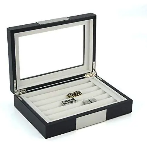 Black Ebony Wood Cufflink Case & Ring Storage Organizer with Stainless Steel Engravable Design Accent Mens Jewelry Boxes for 20 Cufflinks Black Ebony Wood Cufflink Case & Ring Storage Organizer with Stainless Steel Engravable Design Accent Mens Jewelry Boxes for 20 Cufflinks