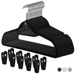 Closet Accessories, Black velvet hangers, ultra slim space saving, notches, tie bar, swivel hook, 25 pack, with bonus 10 matching velvet finger clips