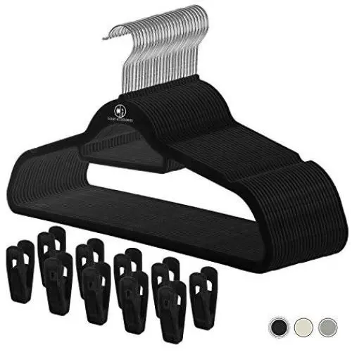 Closet Accessories, Black velvet hangers, ultra slim space saving, notches, tie bar, swivel hook, 25 pack, with bonus 10 matching velvet finger clips Closet Accessories, Black velvet hangers, ultra slim space saving, notches, tie bar, swivel hook, 25 pack, with bonus 10 matching velvet finger clips