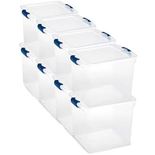Homz Plastic Storage Tote Box, with Lid, Latching Handles, 31 Quart, Clear, Stackable, 8-Pack