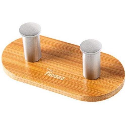 PHASAT SUS 304 Stainless Steel Bamboo Wood Robe Hook Large Double Bath Hook Wall Mounted Towel Rack Two Hooks 3M Sticker Adhesive Hooks, Clothes Hangers Office Home Kitchen Brushed Nickel X2-002