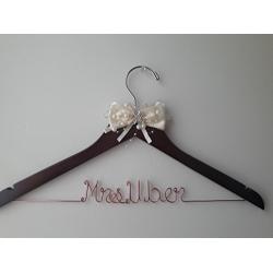 Wedding Hanger, One Line Personalized wedding hanger, Brides Hanger, Personalized Bridal Gift, Wedding Dress Hanger, Bridesmaid, With Ivory Bow, Rhinestone, Pearls, Rose Gold.