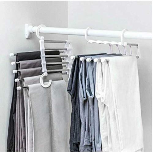 5 in 1 Level Stainless Steel Racks Pants Hanger Clothes Closet Storage Organization Hanging Hanger Closet Organizer 5pcs Random Color