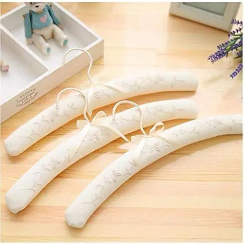 10 Pcs Top Grade White Cotton Fabric Padded Clothes Hanger Rack with Bowknot, Anti-Slip Dress Shirts Hanger with Embroidery Decoration