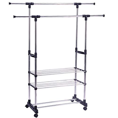 Portable Adjustable Clothes Rack Hanger 3 Tier Portable Double Rolling Rail (Large)