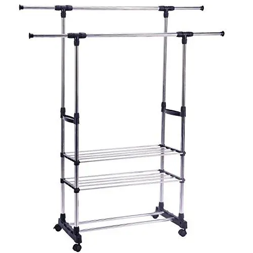 Portable Adjustable Clothes Rack Hanger 3 Tier Portable Double Rolling Rail (Large) Portable Adjustable Clothes Rack Hanger 3 Tier Portable Double Rolling Rail (Large)