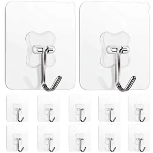 12Pcs Adhesive Hooks Heavy Duty, Wall Hooks Transparent No-Rust Seamless, Waterproof Oilproof Free Drilling Wall Hangers, Suitable for Ceiling, Kitchen, Bathroom