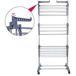 AlwaysPrekit 3-Layer Rolling Clothes Drying Rack Folding Laundry Dryer Hanger with Foldable Wings Shape Indoor Outdoor Grey