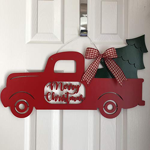 Merry Christmas Tree Truck Door Sign - Christmas Tree Truck Door Hanger - Holiday Door Hanger - Merry Christmas Door Hanger - Red Truck