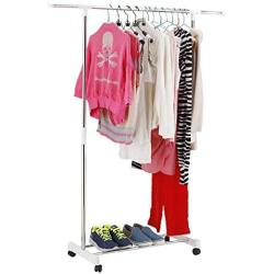 JTW shop Heavy Duty Hanger Single Adjustable Rolling Clothes Rack Hanging Garment Bar Steel and PP Plastic White Color