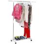 JTW shop Heavy Duty Hanger Single Adjustable Rolling Clothes Rack Hanging Garment Bar Steel and PP Plastic White Color