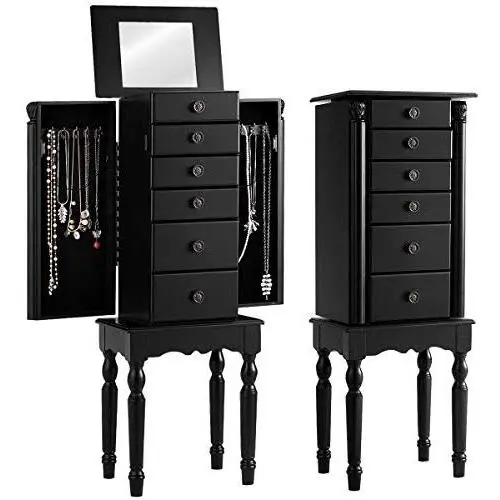 Giantex Jewelry Armoire Chest Cabinet Storage Boxes with Top Flip Makeup Mirror Large Standing Organizer for Bedroom 10 Necklace Hooks Space Saving Side Swing Doors Jewelry Armoires w/ 5 Drawers (Black)