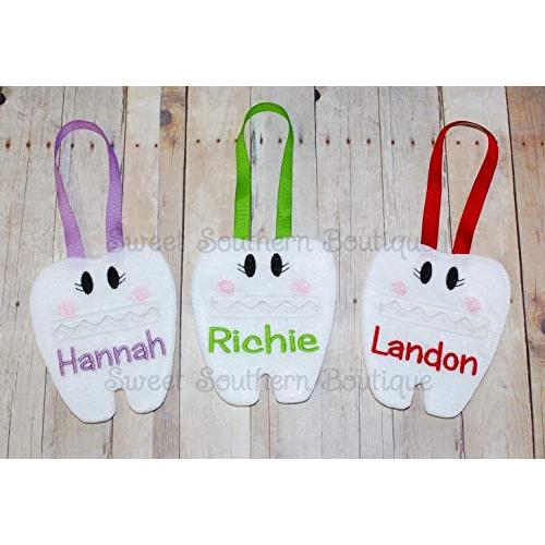 Tooth fairy pouch hanging hanger teeth name personalized personalization monogram monogrammed embroidered embroidery felt ribbon vinyl bag tote pillow pink purple red door doorknob child boy girl kid