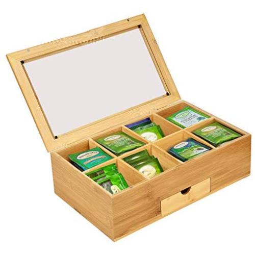 Bamboo Tea Boxes Storage Chest, Mosunx 8 Compartments Organizer Chest with Drawer and Clear Hinged Lid, Wooden Tea Bag Holder (Original Wood, 13X8X4Inch)