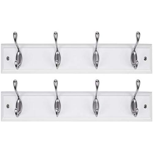 DOKEHOM 2 Set 4-Satin Nickel Hooks -(Available 4 and 6 Hooks in 4 Colors)- on White Wooden Board Coat Rack Hanger, Mail Boxes Packing
