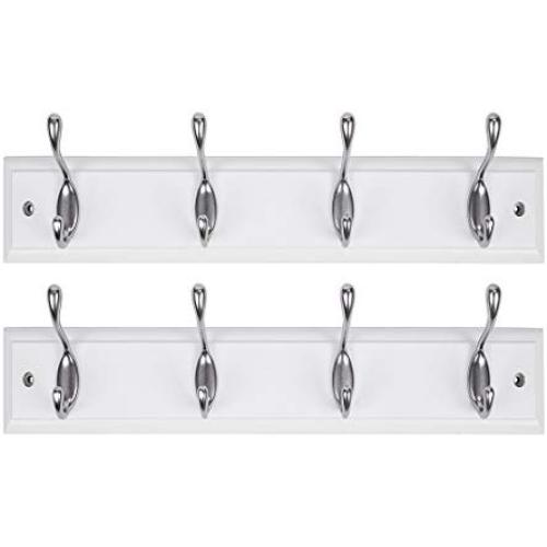 DOKEHOM 2 Set 4-Satin Nickel Hooks -(Available 4 and 6 Hooks in 4 Colors)- on White Wooden Board Coat Rack Hanger, Mail Boxes Packing