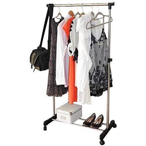 Cypressshop Adjustable Rolling Cloting Rack Single Bar Garment Hanger Clothes Hanging Rail Garment Hanging Storage Organizer Trolley Portable Durable Heavy Duty Bar Household Home Furniture